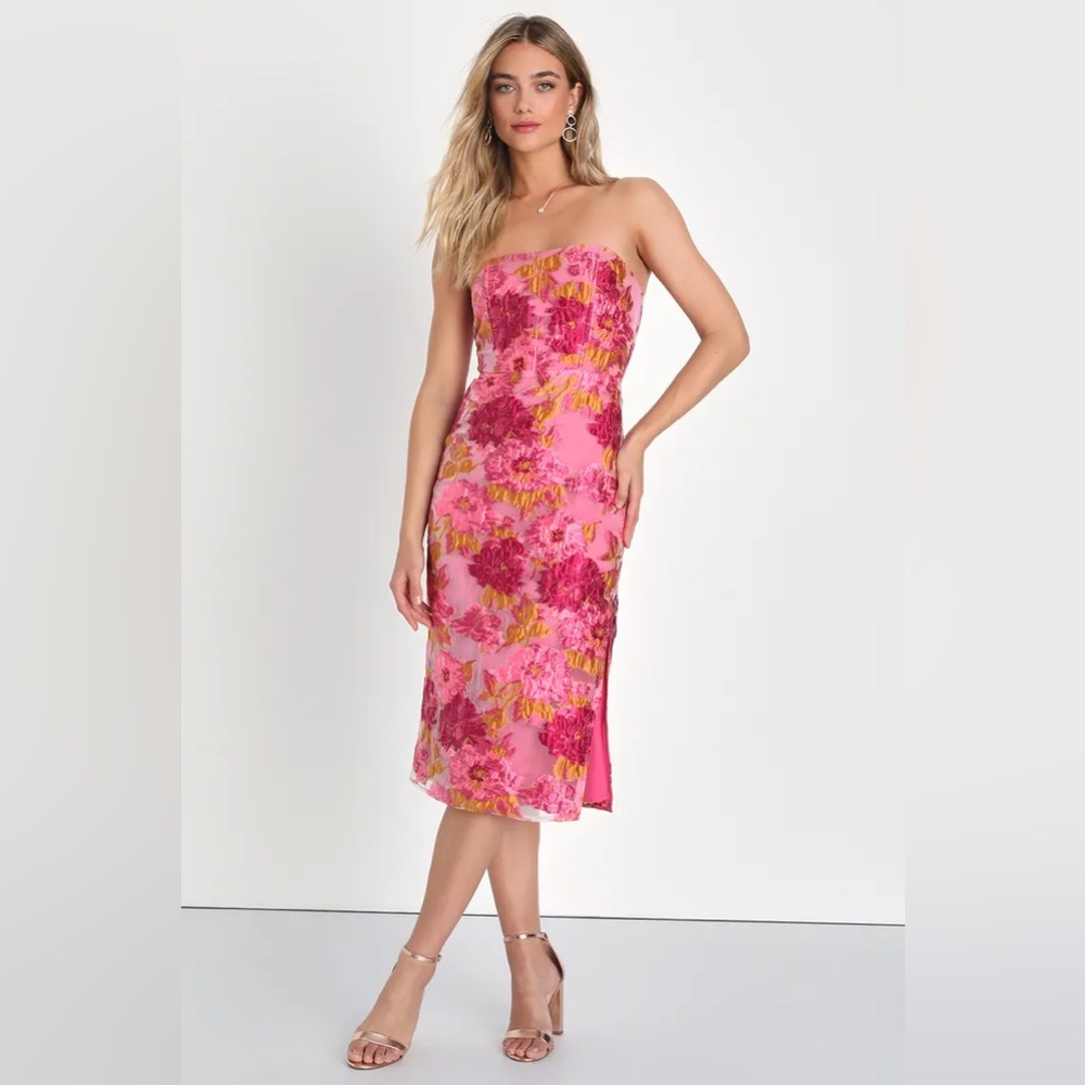 Upgraded Event Pink Floral Jacquard Strapless Bustier Midi Dress